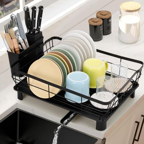 Egoutoire Vaisselle Cuisine avec Bec Rotatif 360°, Égouttoir à Vaisselle avec Porte-ustensiles, Range Vaisselle Egouttoir en Acier Carbone avec Drainage Automatique 43x33x15cm (1/5)
