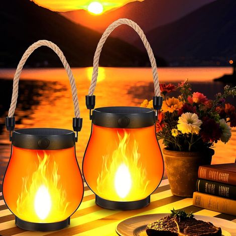 2 Pack Solar Flame Lantern Lights — Flame Flicking Hanging Lanterns Outdoor, Waterproof Garden Lights with 2 Modes: Dual USB Charging and Solar Powered Yard, Patio Decor (1/5)