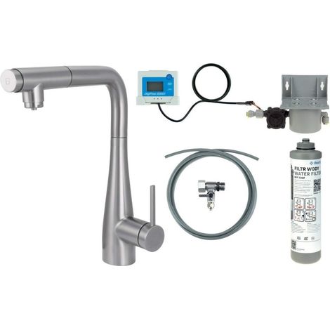Mitigeur d'évier de cuisine avec kit de filtration d'eau et bec extractible en acier brossé - Lyra