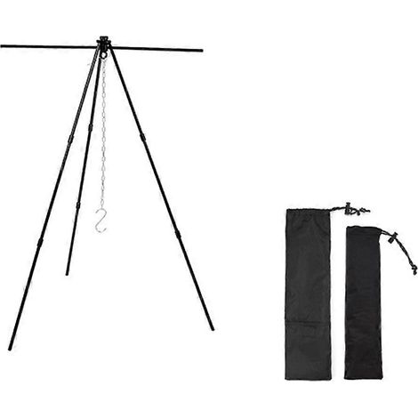 Support de rangement trépied portable en alliage d'aluminium noir pour extérieur, avec barre transversale et support de suspension rétractable pour casseroles. (1/5)