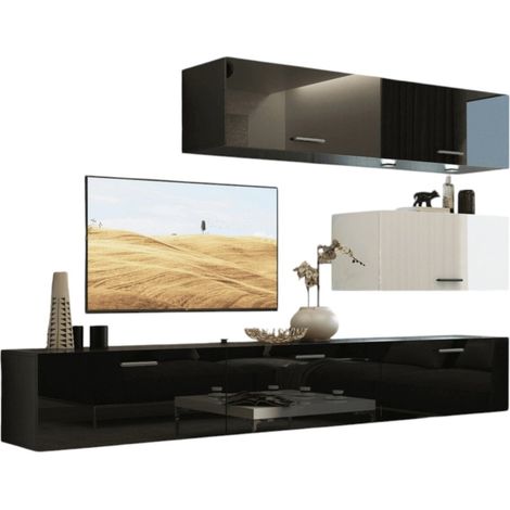 Set di mobili da soggiorno nero e bianco, sospesi collezione CEPTO XXV. 249cm, 6 pezzi, con LED, modulari.