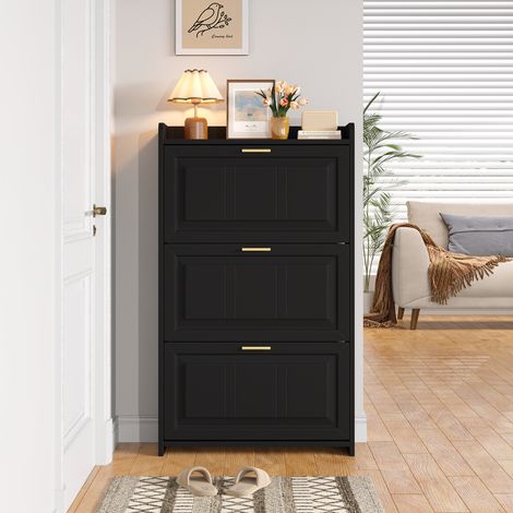 Scarpiera in MDF e truciolare nera 70 x 24 x 120 cm, 6 scomparti nascosti con ante a ribalta
