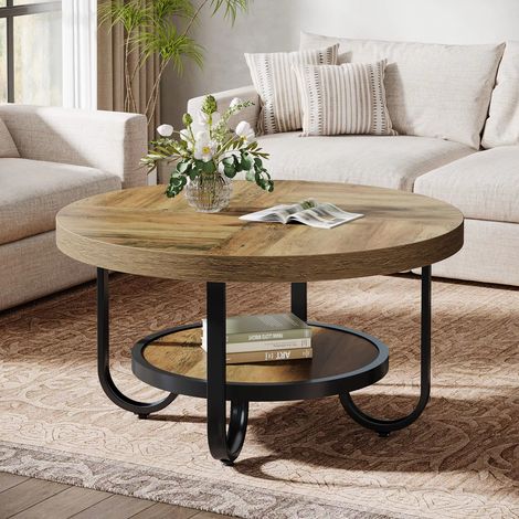 Table Basse Ronde à 2 Niveaux avec Étagère de Rangement – Table Centrale de Salon 79 cm, Structure Métallique Incurvée (1/5)