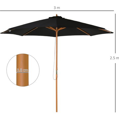 Parasol rond noir bois bambou 300 cm polyester anti-UV étanche robuste élégant haut de gamme, style naturel jardin terrasse balcon (1/5)