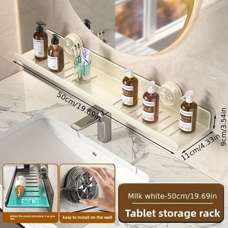 (blanc 50x11x9cm) Organisateur mural créatif à ventouses pour robinet, multifonctionnel, pour maquillage et articles de toilette, avec égouttoir (1/5)