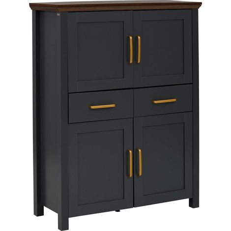 Buffet haut 4 portes 1 tiroir – Finition easycare gris et noyer – Étagères réglables pour rangement optimal (1/5)