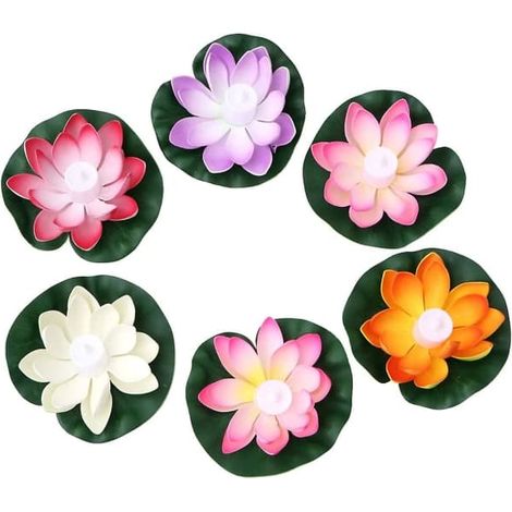 Lot de 6 fleurs flottantes lumineuses LED, nénuphars et lotus artificiels de 18 cm, lanternes à vœux pour jardin, bassin, piscine, décoration de Pâques (couleurs assorties) — yux (1/5)
