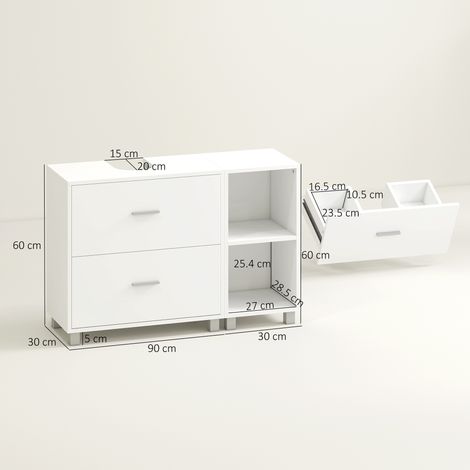Commode de salle de bain avec deux tiroirs et une étagère ouverte, en bois, 90x30x60cm, blanche. (1/5)