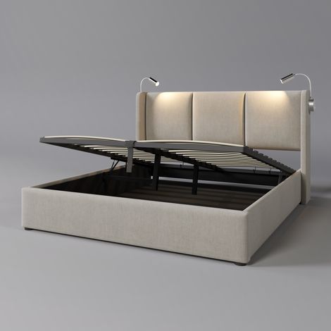 Letto imbottito letto matrimoniale contenitore letto lampada da lettura con funzione di carico testiera, giroletto contenitore Letto per ragazzi in PU 160x200 con rete a doghe (senza materasso) (1/5)