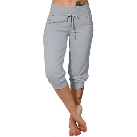 Stretch-Caprihose für Damen, weich und hochgeschnitten, ideal für Yoga und Sport. Stilvoll und bequem, perfekt für Fitness und Sport. Hellgrau, Größe XL. (1/5)