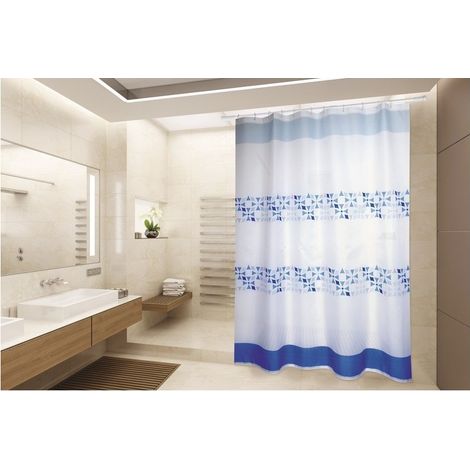 Rideau de douche Polyester PORTO 180x200cm QUALITE PREMIUM Bleu & Blanc - Anneaux inclus MSV
