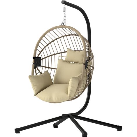 Sedia sospesa a forma di uovo, amaca a dondolo per interni ed esterni, cestino pieghevole, cuscino imbottito, color kaki