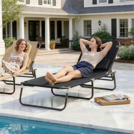 Fauteuil de plage pliant inclinable avec trou de lecture, chaise longue pliante, siège de jardin noir (1/5)