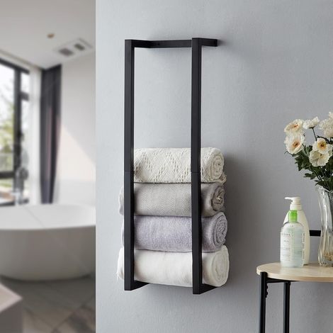Porte-serviettes pour serviettes roulées, porte-serviettes mural en métal pour salle de bain, rangement mural pour serviettes de bain dans les petits espaces (noir) (1/5)