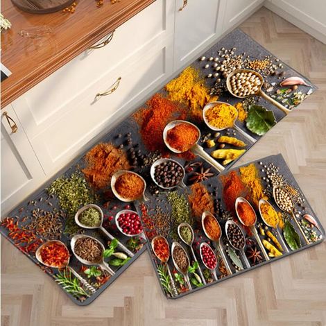 Tapis de Cuisine et épices - 40 x 120 cm + 40 x 60 cm - Lavable - Tapis de Cuisine et de Bain - Tapis antidérapant