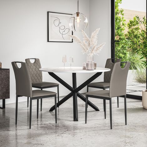 Malvern Round Dining Table And Chairs -  Marble Table Top w Solid Oak Black Legs + Monza Faux Leather Dining Chair Set Of 4 (Grey) (1/5)