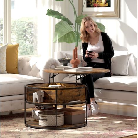 Table basse en bois marron Ø80 cm, hauteur réglable, avec rangement (1/5)