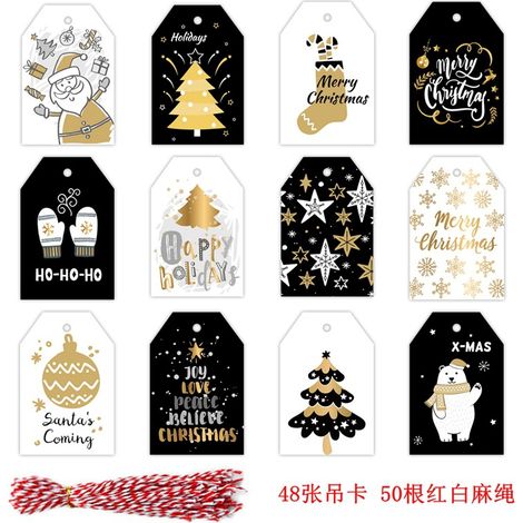Étiquettes de Noël kraft 48 pièces + ficelle rouge/blanche 50 m - Motifs Sapin, Père Noël et Flocon (1/2)