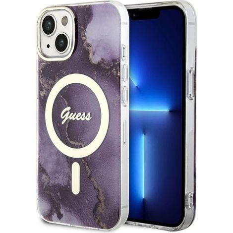 Guess Golden Marble MagSafe - iPhone 14 Hülle (Lila) (1/5)