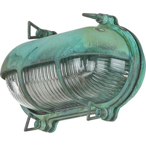 Außenleuchte Wand Messing Riffelglas Maritim IP64 B: 21 cm H: 13 cm E27 Grün antik Wandlampe