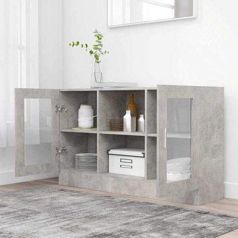 Vitrine d'Exposition en Bois d'Ingénierie, Couleur Gris Béton, 120 x 30,5 x 70 cm, Meuble de Rangement Moderne avec Porte pour Salon ou Bureau (1/5)