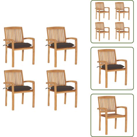 The Living Store Chaises de jardin empilables avec coussins lot de 4 Teck solide - Chaise de salle à manger (1/5)