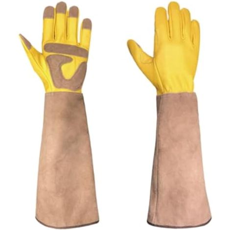 Gants de jardinage longs jaune doré pour femmes et hommes, en cuir résistant aux épines, respirants et protecteurs, avec manches longues. (1/5)