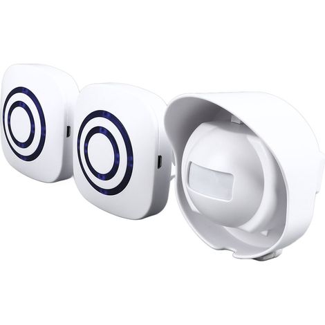 Sonnette sans fil à détecteur de mouvement blanche, 38 sonneries, signal d'accueil pour allée de garage ou passage piéton, compatible avec les tensions européennes (110-240 V).