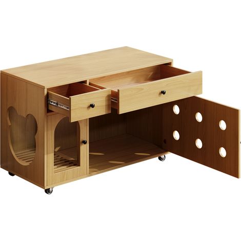 Armoire pour litière de chat avec plateau à sable amovible, ventilation, 100×45×66 cm, couleur bois naturel (1/5)