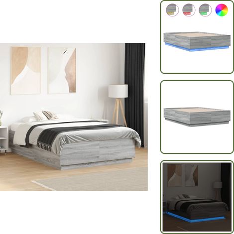 The Living Store Estructura cama con luces LED madera gris Sonoma 135x190 cm - Estructura de cama