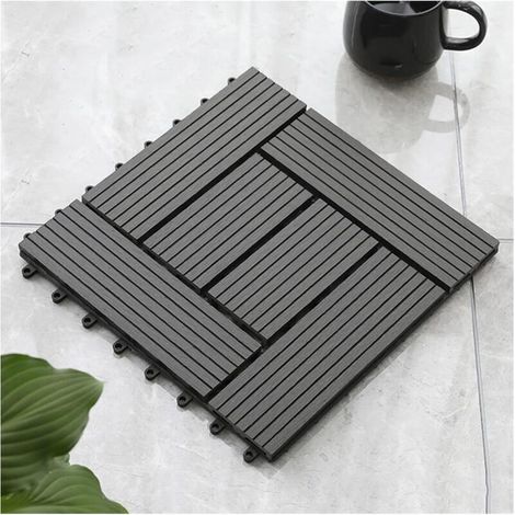 Carrelage de terrasse en bois composite gris à clipser, mosaïque anticorrosion, revêtement de sol extérieur en plastique WPC imperméable 30 x 30 cm (1/4)