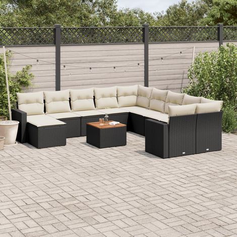 Ensemble salon de jardin 12 places en résine tressée noire avec coussins crème, table acacia et repose-pieds (1/3)