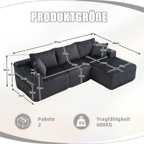 Canapé modulaire 2 places avec chaise longue, revêtement velours côtelé doux, 5 coussins inclus, poches latérales et porte-gobelets, mousse haute densité, assemblage libre, parfait pour salon, studio 