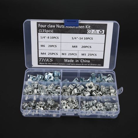 Kit d'assortiment de 135 écrous à quatre griffes en acier au carbone pour la fixation de portes de meubles et d'armoires. (1/5)