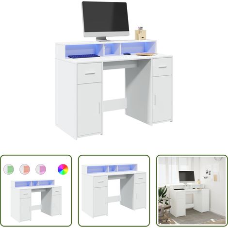 vidaXL Bureau avec éclairage LED - Bureau avec lumières LED blanc 120x55x91 cm bois d'ingénierie (1/5)