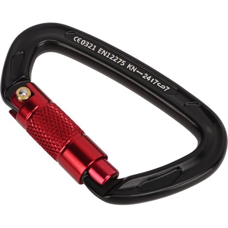Schwarzer D-förmiger Kletterkarabiner aus Aluminiumlegierung, robust und abschließbar, für Hängematten, Schlingen und zum Klettern. (1/4)