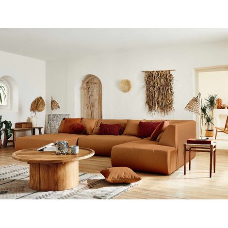 Lisa Design – Canapé d'angle modulable panoramique 7 places – Tissu 100% polyester – Dimensions L334 x P198 cm – Design sans accoudoirs – Couleur rouille (1/5)