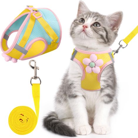 Ensemble harnais et laisse pour chat (jaune, taille XS) – Réglable, facile à mettre, en maille respirante et confortable. (1/5)
