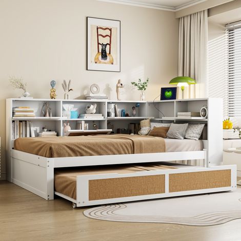 Canapé-lit multifonction enfant en bois blanc 140x200 cm, avec lit escamotable simple, nombreux espaces de rangement et port de charge.