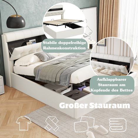 Lit élégant avec sommier hydraulique, 160x200 cm, coffre intégré sous le lit, tête de lit avec rangement caché, revêtement polyuréthane, sommier à lattes assorti, matelas exclu, blanc. (1/5)