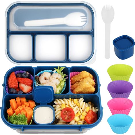 Bento-Box für Kinder, Lunchboxen für Erwachsene, 4 auslaufsichere Fächer mit Besteck, Soße, Snack (blau)