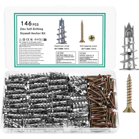 146 Pièces M4 Chevilles pour Plaques de Plâtre avec Vis Autoforeuse, Chevilles Autoperceuses en Métal, Fixations pour Cavités Béton Briques Plaques de Plâtre (1/5)