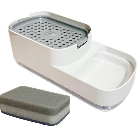 Distributeur Savon Avec Porte-Éponge Accessoire Cuisine 2 en 1 Distributeur Liquide Vaisselle Pour Familles Parents Locataires Maison Appartement Café (1/5)