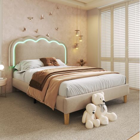 Bett Einzelbett LED 90x190 Leinen Beige verstellbar OKMYHOME (1/5)