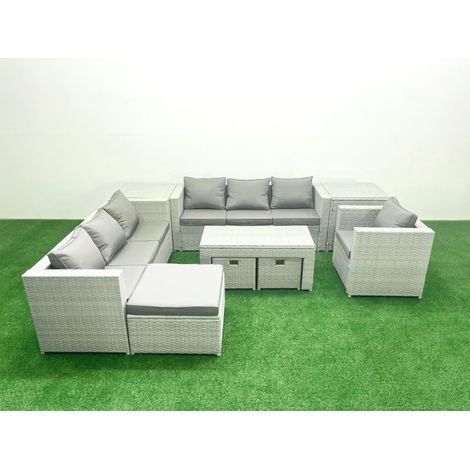 Fimous Meubles d'extérieur en rotin avec Table basse oblongue Fauteuil 3 Tabourets 2 Tables d'appoint Gris clair mixte (1/5)