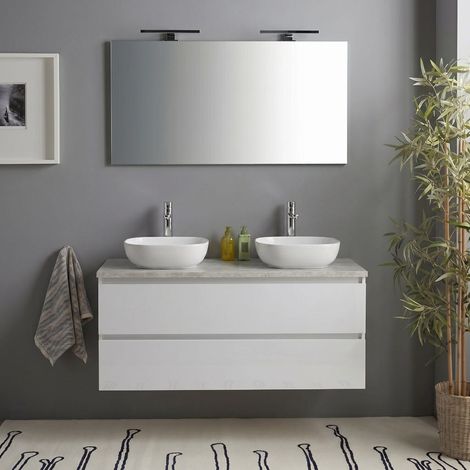 Mobile Bagno Sospeso 120Cm Bianco Lucido Top Beton, Specchio E Lampada Benaco
