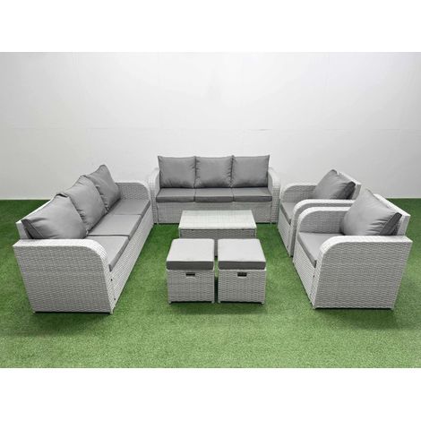 Fimous PE Rattan High Back Lounge Sofa Set Patio Coffee Table & Chairs Set with 3 Seater Sofa Reclining Chair Stools Light Grey (1/4)