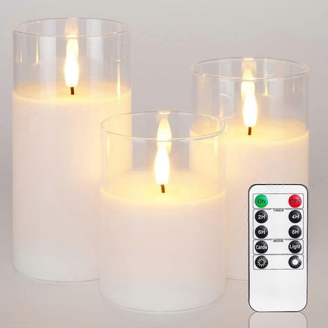 bougies sans flamme en cire blanche pure à piles LED avec télécommande Lot de 3 Verre Transparent (1/5)