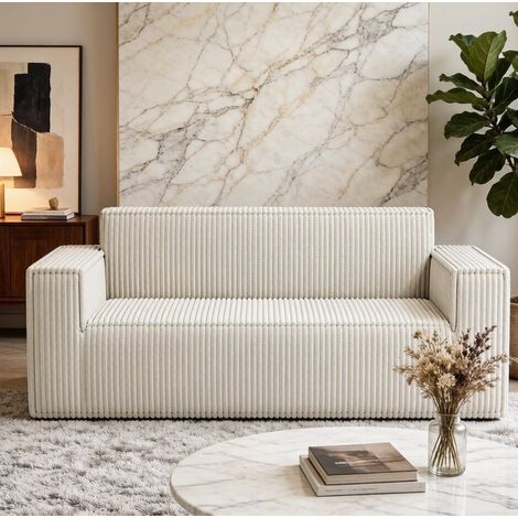 Sofá de 2 plazas 178x86x70 cm blanco roto, asiento profundo, tejido acanalado, sin montaje MEUBLIV (1/5)