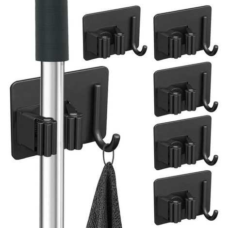 Porta-mop senza foratura con ganci, 6 pezzi, autoadesivo, porta-mop da parete con ganci, per scope e mop (1/5)
